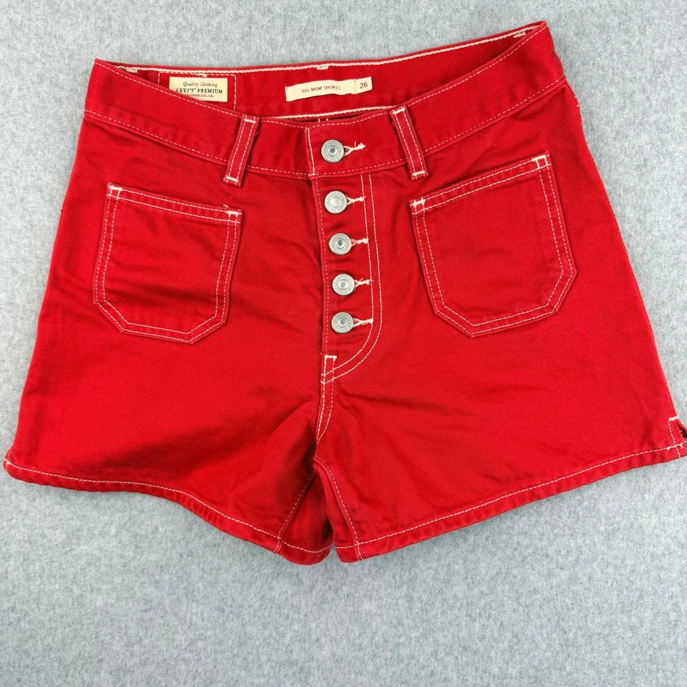 Levis Premium 80s Mom Shorts Red Denim Button Fly High Waist A7656-0002 Size 26